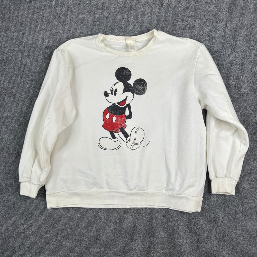 H&M Sweatshirt Mens Size XL White Disney Mickey Mouse Graphic Distressed Shirt